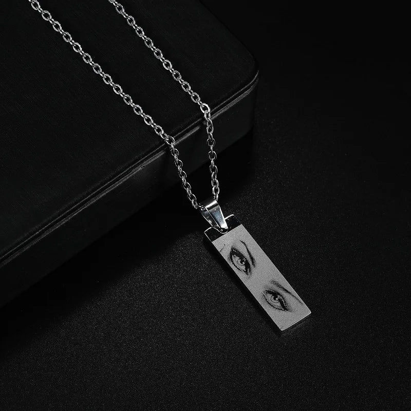 Engraved Eye Photo Necklace PVD Plated Stainless Steel Pendant Personalized