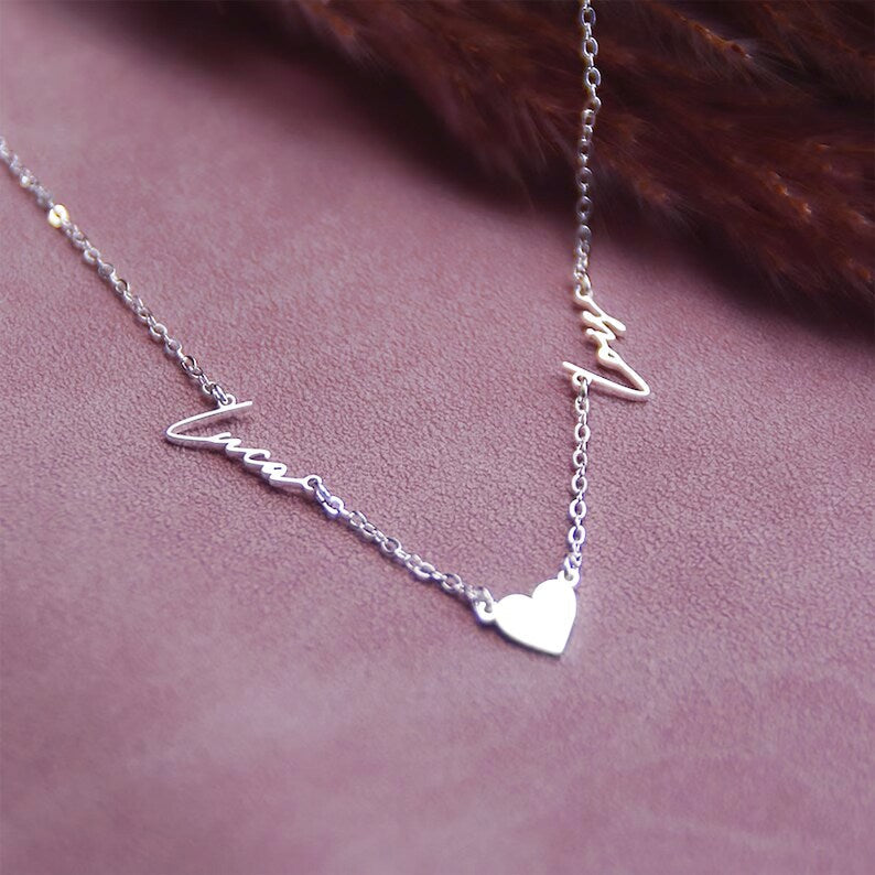 Name Necklace With Heart, Double Name Necklace