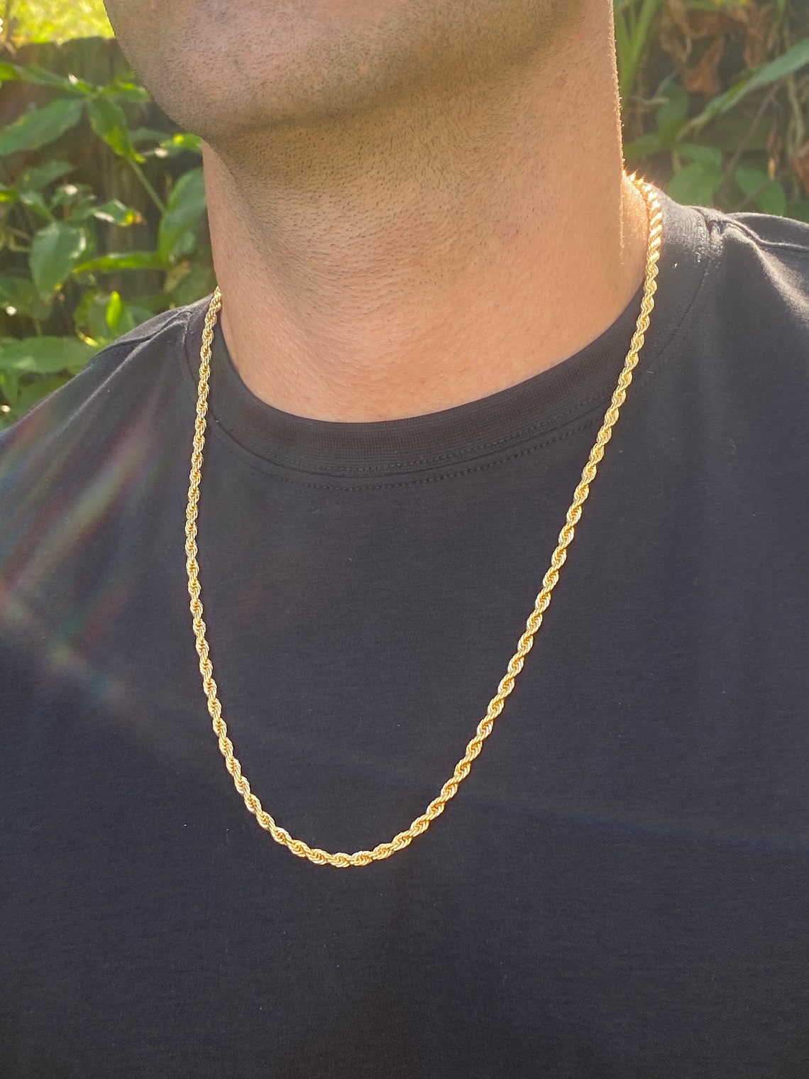 18K 4mm Thick Gold Mens Rope Chain, Waterproof Chain