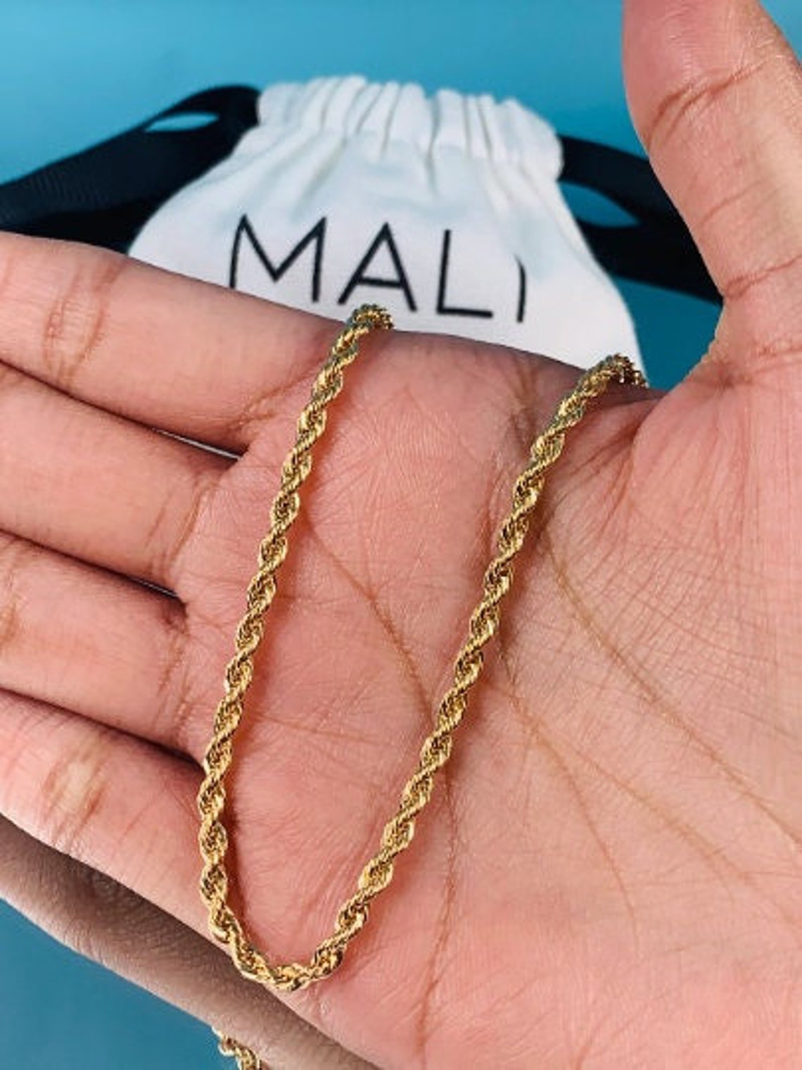 18K 4mm Thick Gold Mens Rope Chain, Waterproof Chain