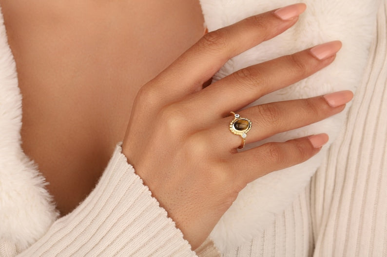 Dainty Tiger Eye Oval Stone Ring,