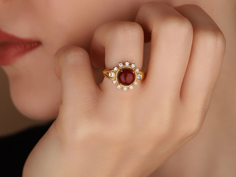 Initial Carnelian Round Stone Gold Ring