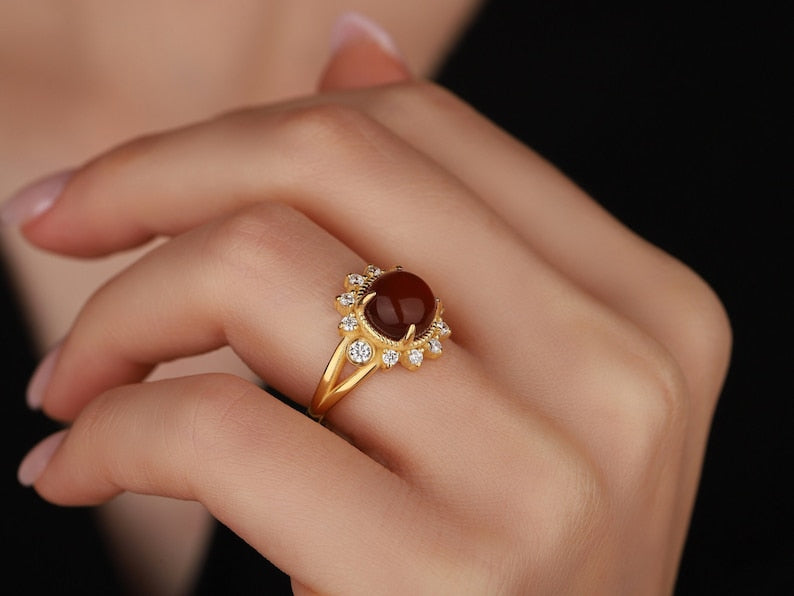 Initial Carnelian Round Stone Gold Ring